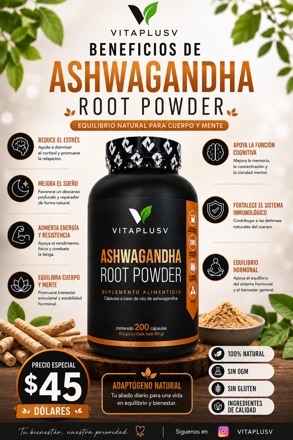 Ashwagandha Root Powder 200 Cap VitaplusV